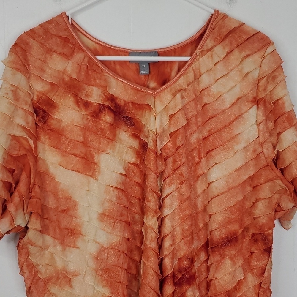 Vintage Short Sleeve Blouse Ruffles Bright Fairy Orange High V Neck Womens 2X - Picture 2 of 11